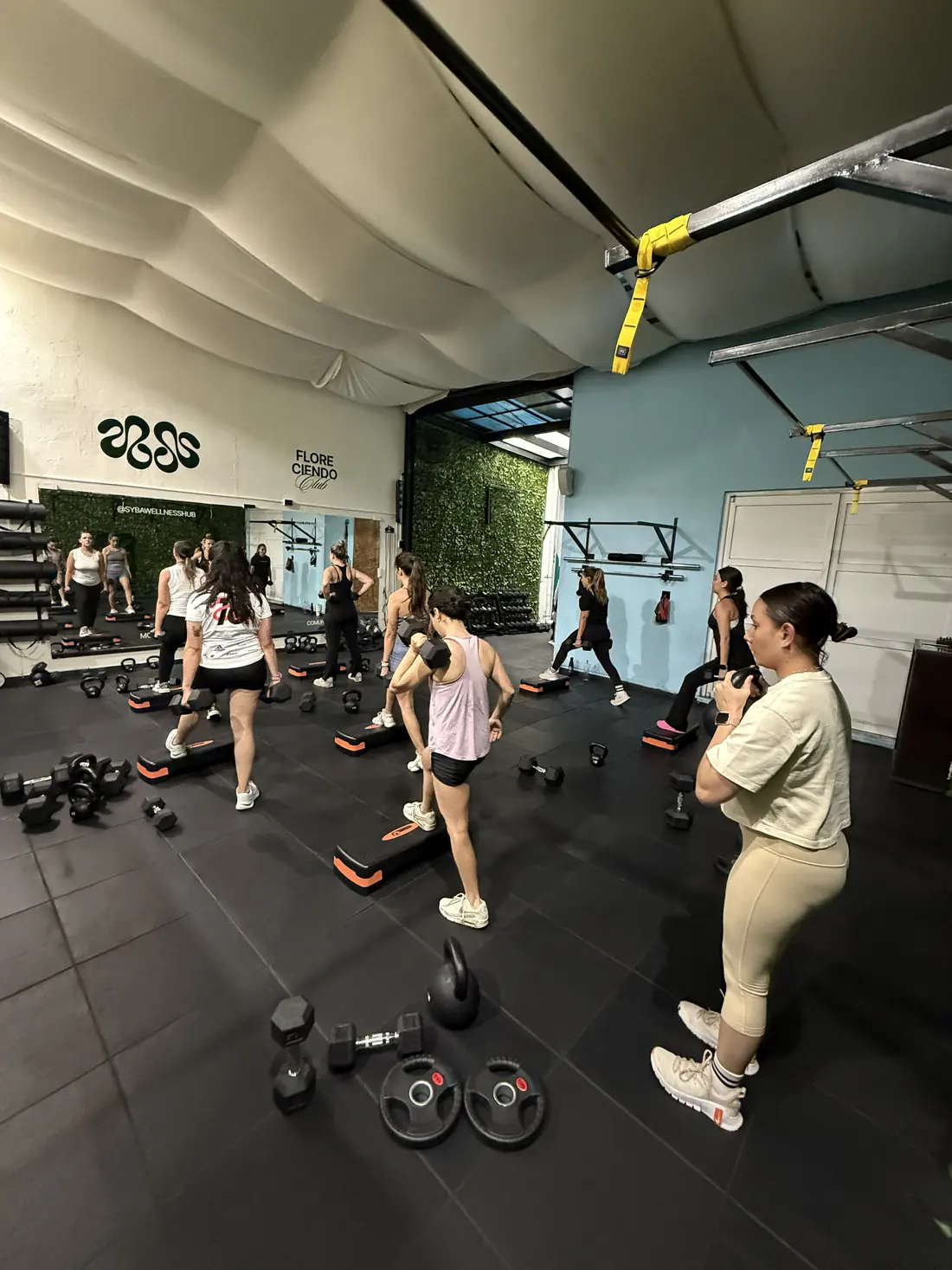 Clase de full body en SYBA con pesas rusas y steps